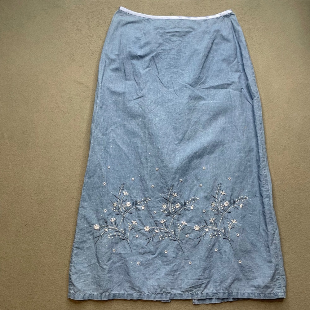 Liz Claiborne VTG Women Maxi Skirt Linen Cotton Blue 12 Floral Embroidered Boho